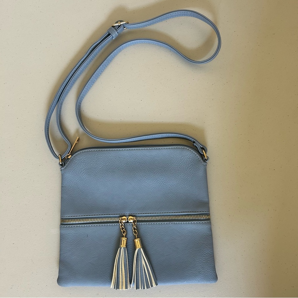 Women’s Light Blue Crossbody Bag with Tassel Accent